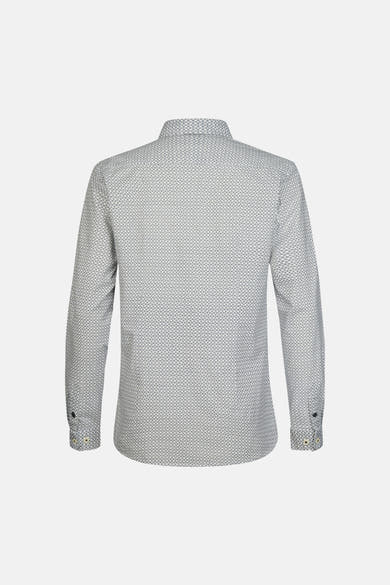 White long-sleeve shirt with subtle geometric pattern, back view, buttoned cuffs, crisp cotton texture