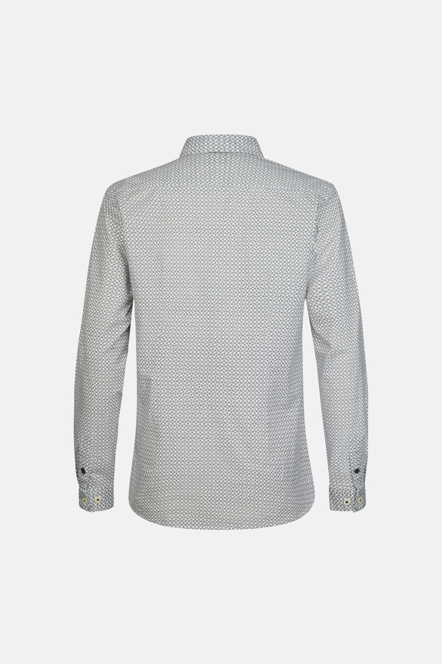White long-sleeve shirt with subtle geometric pattern, back view, buttoned cuffs, crisp cotton texture