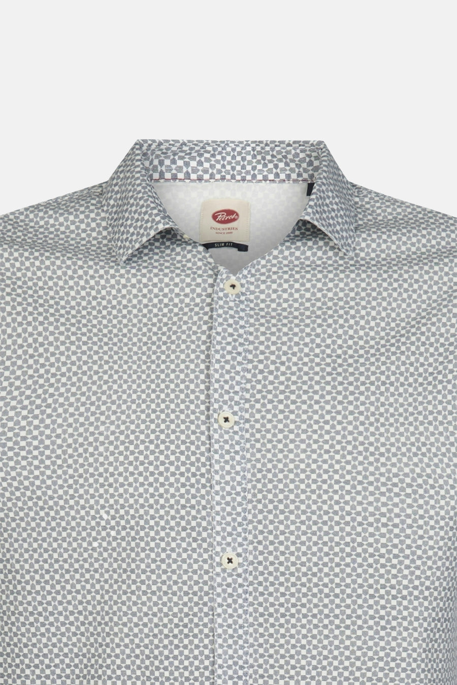 White long-sleeve shirt with blue geometric pattern by Felsch, slim fit, front view with button placket and collar detail