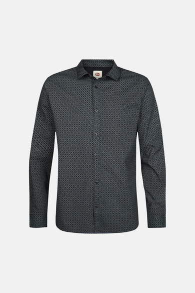 Blue long-sleeve shirt with geometric pattern by Tricots, front view, button-down collar, dark textured fabric