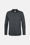 Blue long-sleeve shirt with geometric pattern by Tricots, front view, button-down collar, dark textured fabric