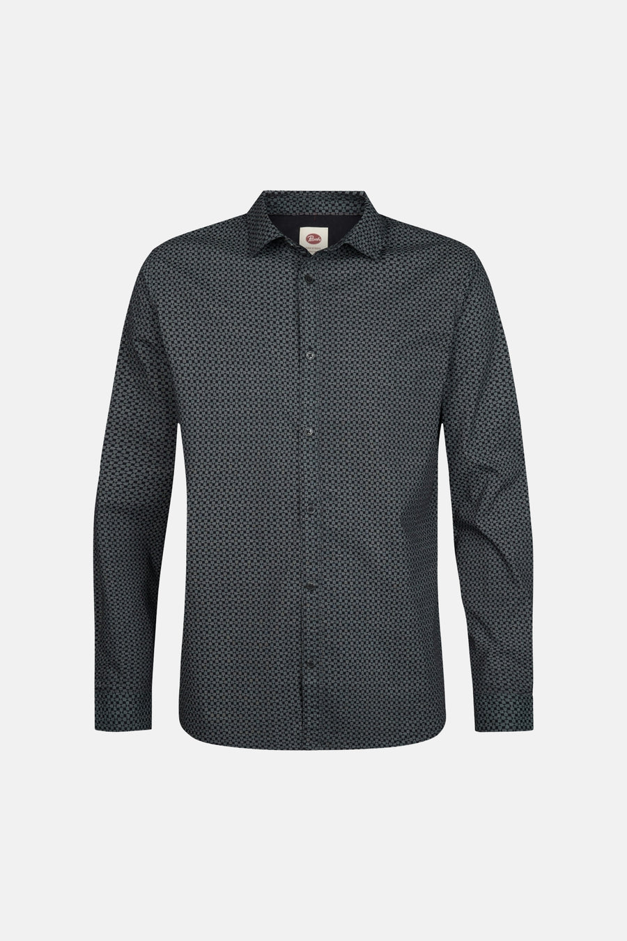 Blue long-sleeve shirt with geometric pattern by Tricots, front view, button-down collar, dark textured fabric