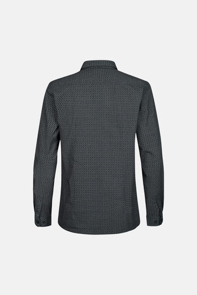 Blue long-sleeve shirt with geometric pattern, back view, slim fit, buttoned cuffs