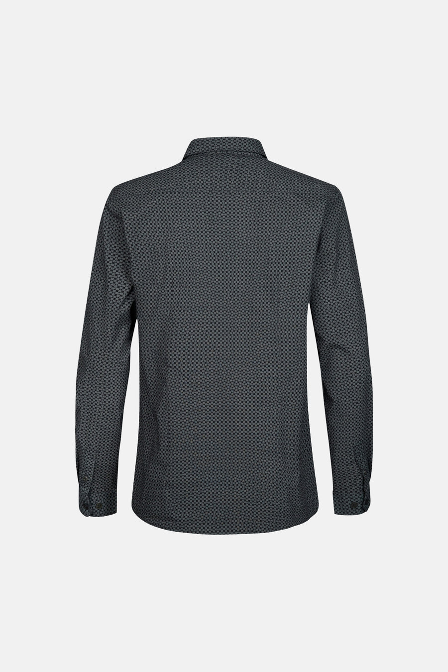 Blue long-sleeve shirt with geometric pattern, back view, slim fit, buttoned cuffs