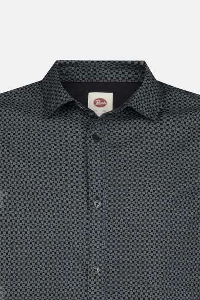 Blue long-sleeve shirt with geometric check pattern by Petrol, featuring dark buttons and classic collar, front close-up view