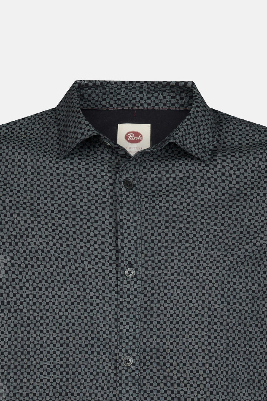 Blue long-sleeve shirt with geometric check pattern by Petrol, featuring dark buttons and classic collar, front close-up view