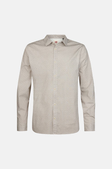 Beige long-sleeve shirt with geometric pattern by Fynch-Hatton, front view, button-down collar, slim fit