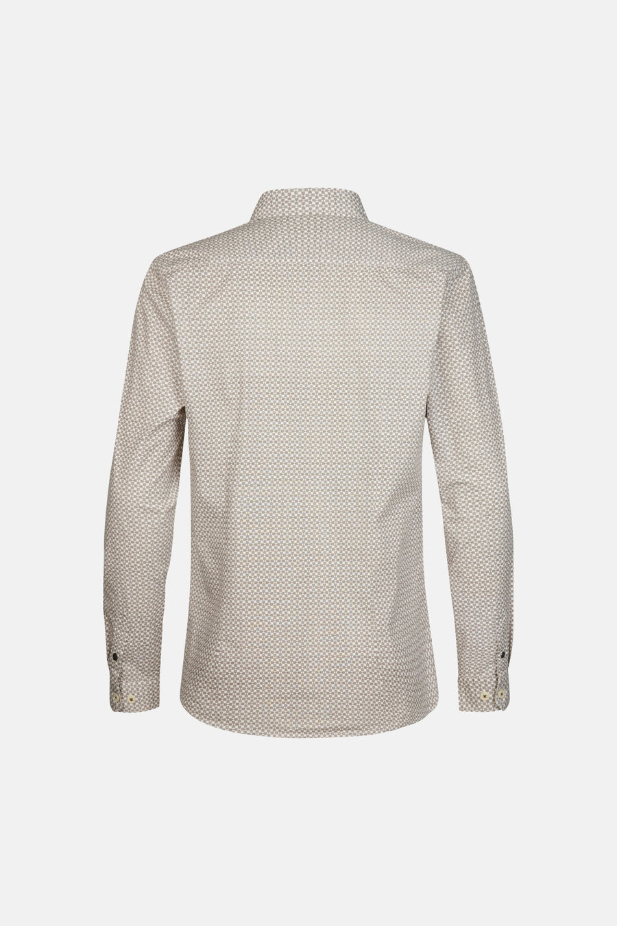 Beige long-sleeve shirt with geometric pattern, back view, buttoned cuffs, smooth fabric texture