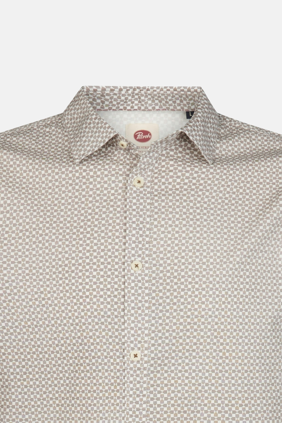 Beige long-sleeve shirt with geometric pattern by Petrol, featuring cream buttons and classic collar, front view close-up