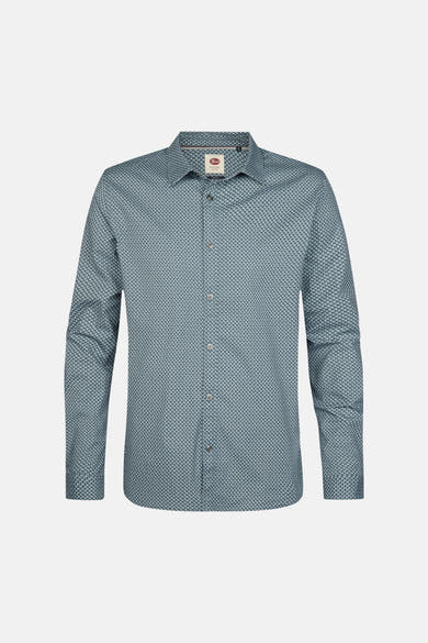 Blue long-sleeve shirt with geometric pattern by Fynch-Hatton, front view, button-down collar, textured fabric