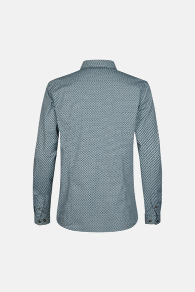 Blue long-sleeve shirt with subtle geometric pattern, back view, buttoned cuffs, smooth fabric texture