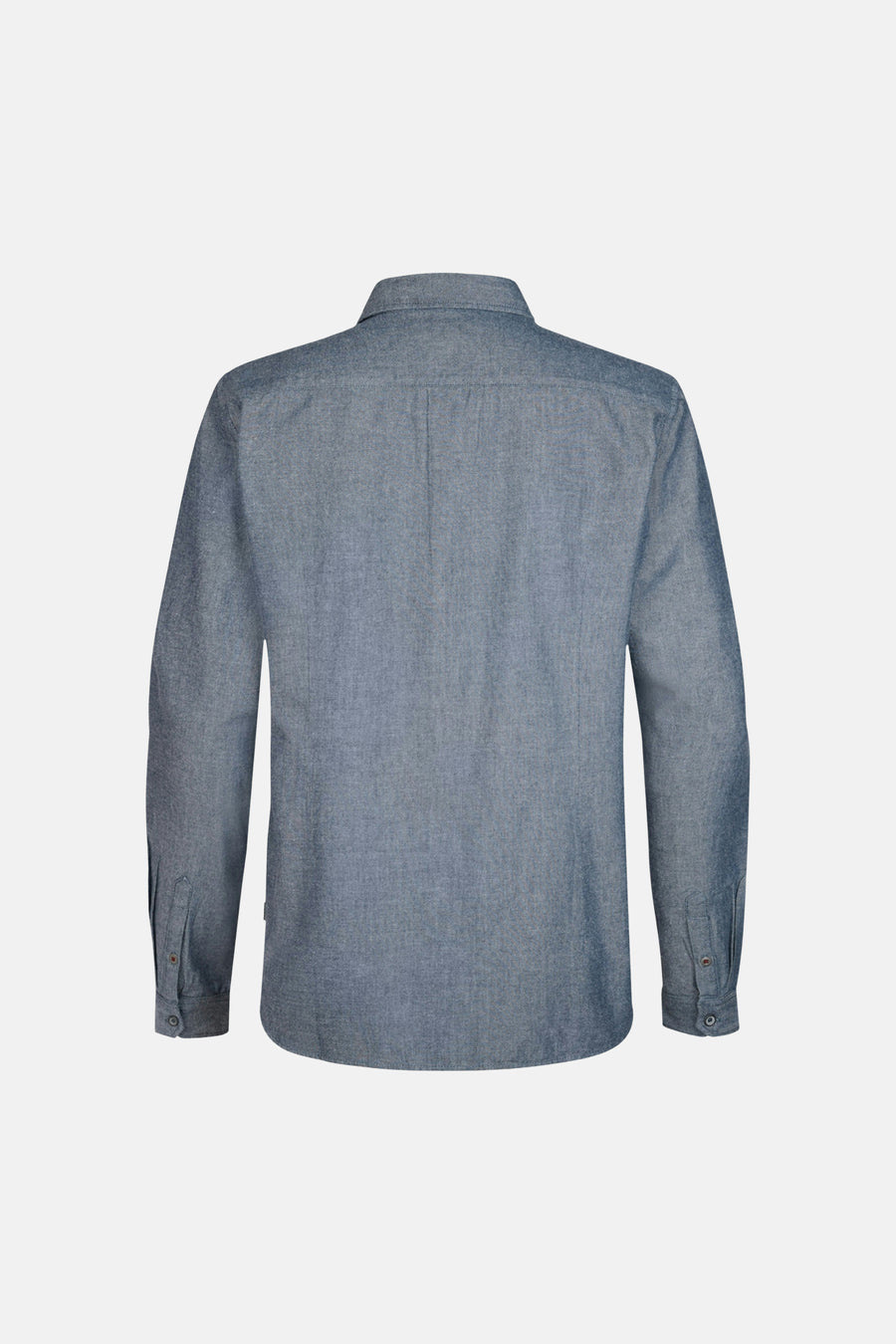 Blue long-sleeve shirt back view with chambray texture and buttoned cuffs, plain design.