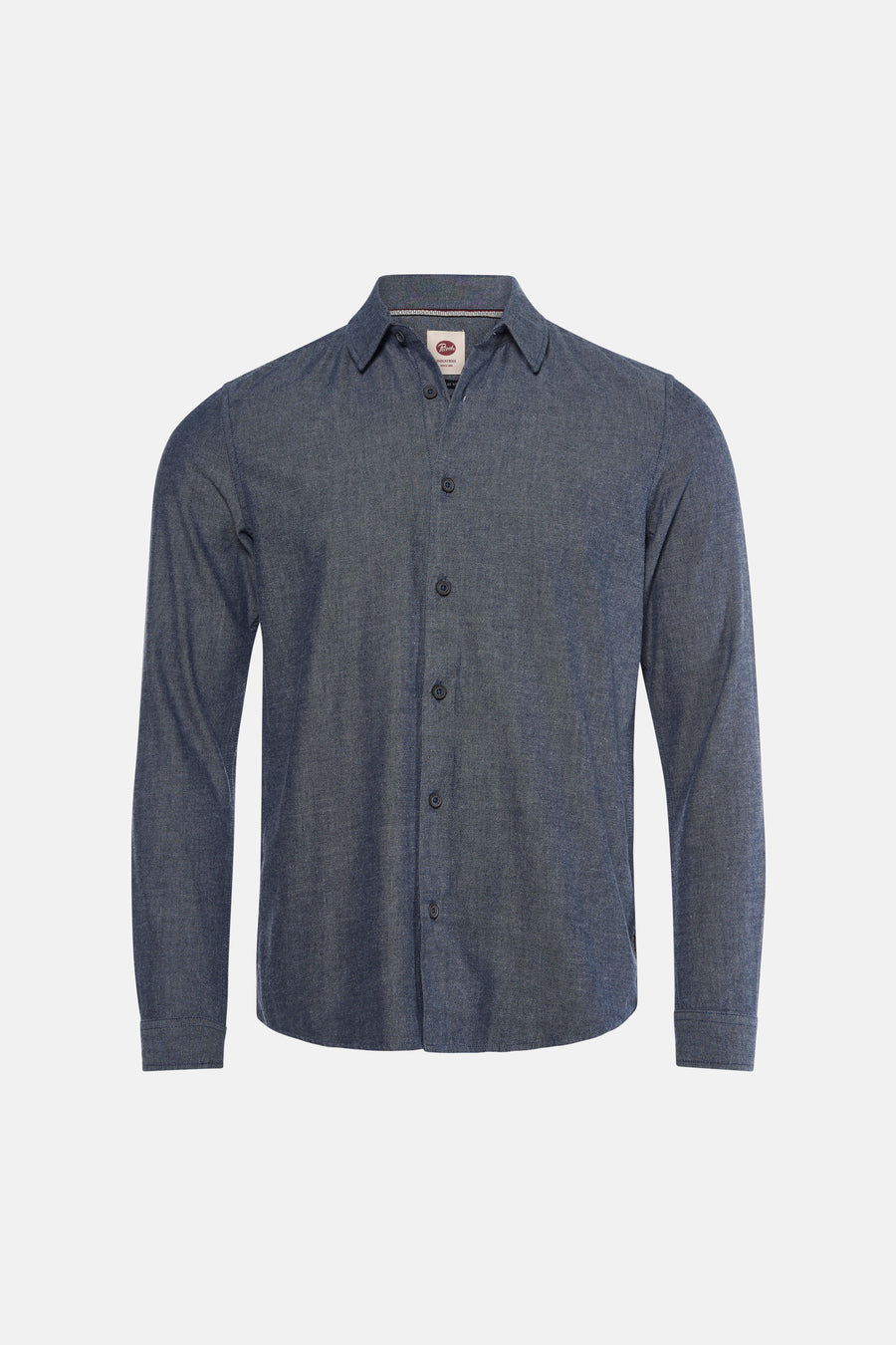 Blue long-sleeve shirt with textured fabric and button-down front by BENCH, shown in front view