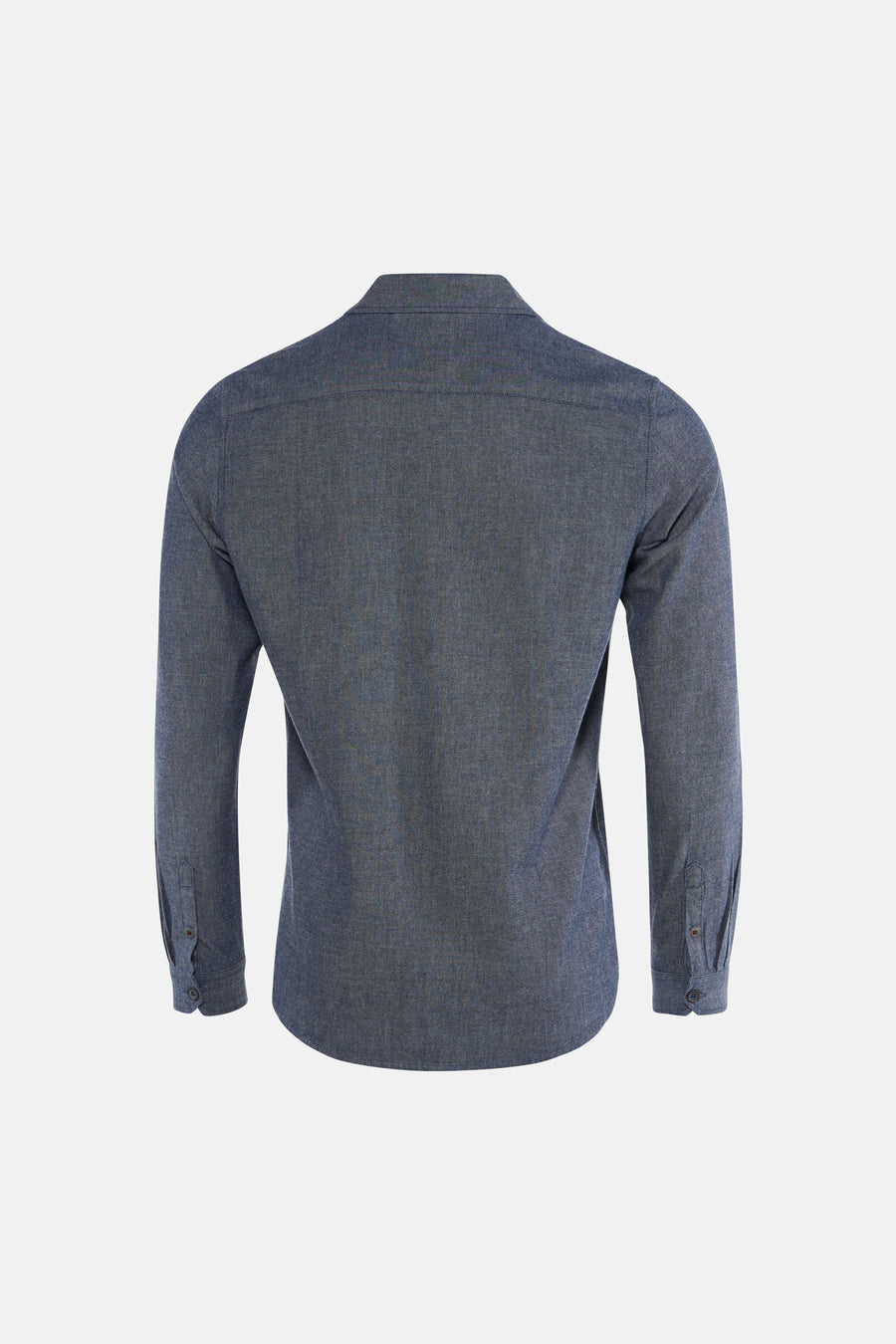 Blue long-sleeve shirt with textured fabric, buttoned cuffs, and back view showing tailored fit.