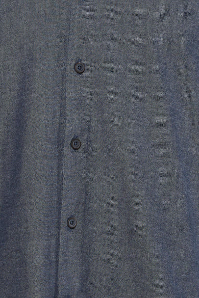 Blue long-sleeve shirt with fine textured fabric and dark buttons, close-up front view