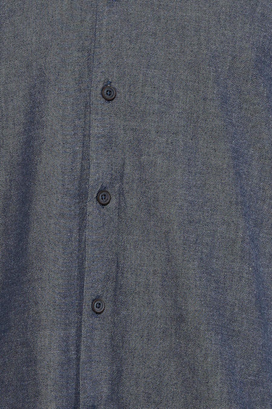 Blue long-sleeve shirt with fine textured fabric and dark buttons, close-up front view