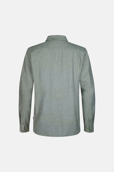 Green long-sleeve shirt with textured fabric, buttoned cuffs, and back view showing collar and shoulder seams