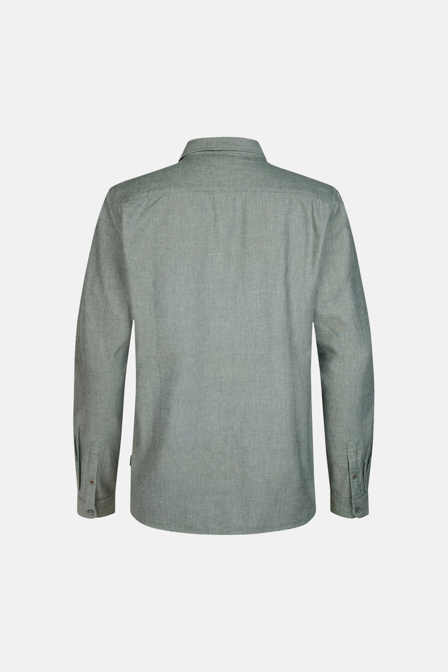 Green long-sleeve shirt with textured fabric, buttoned cuffs, and back view showing collar and shoulder seams