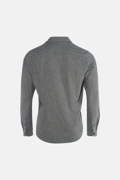 Grey long-sleeve shirt back view, textured fabric with buttoned cuffs and collar, plain design