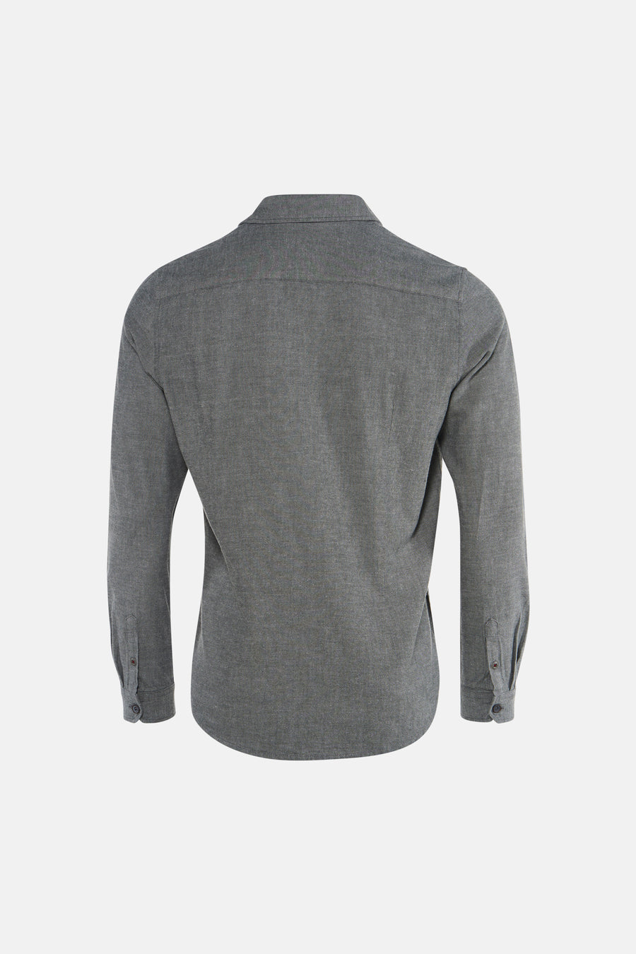 Grey long-sleeve shirt back view, textured fabric with buttoned cuffs and collar, plain design