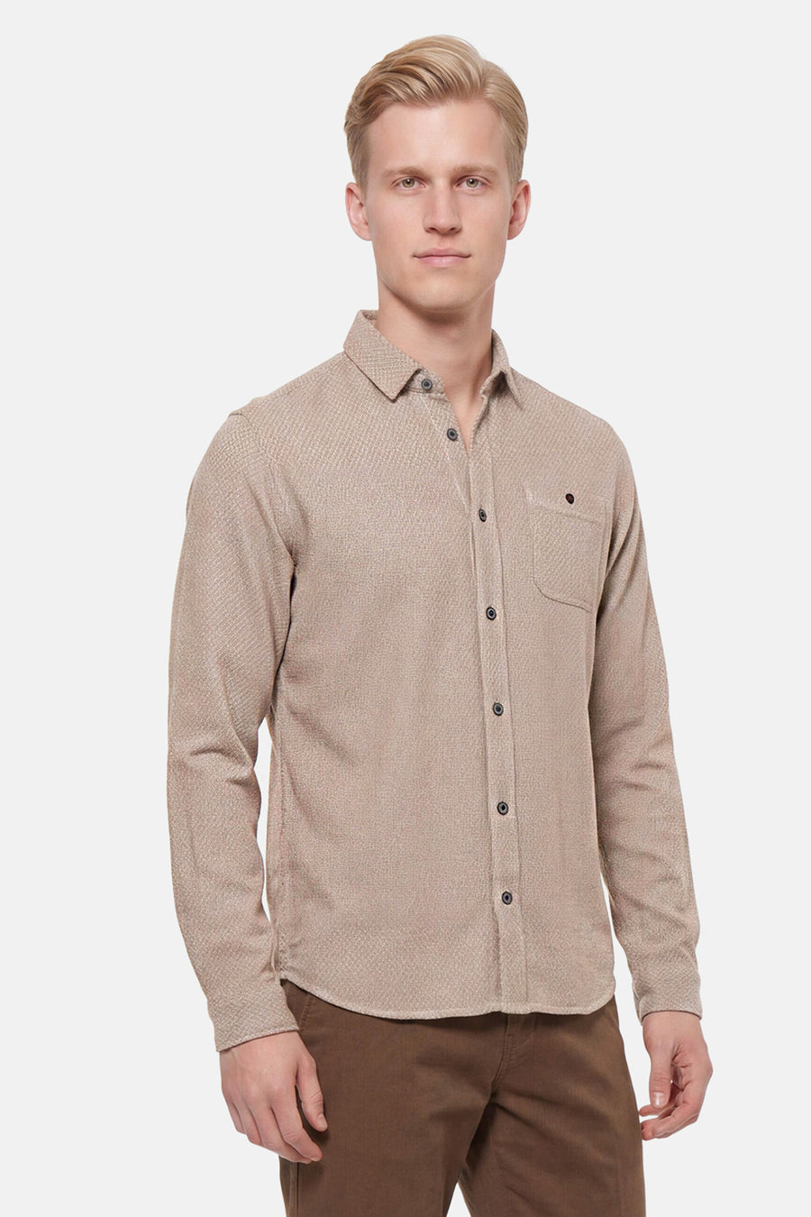 Beige long-sleeve shirt with textured weave and chest pocket, front view on model wearing brown pants