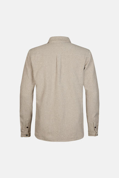 Beige long-sleeve shirt with subtle geometric pattern, back view showing central seam and buttoned cuffs