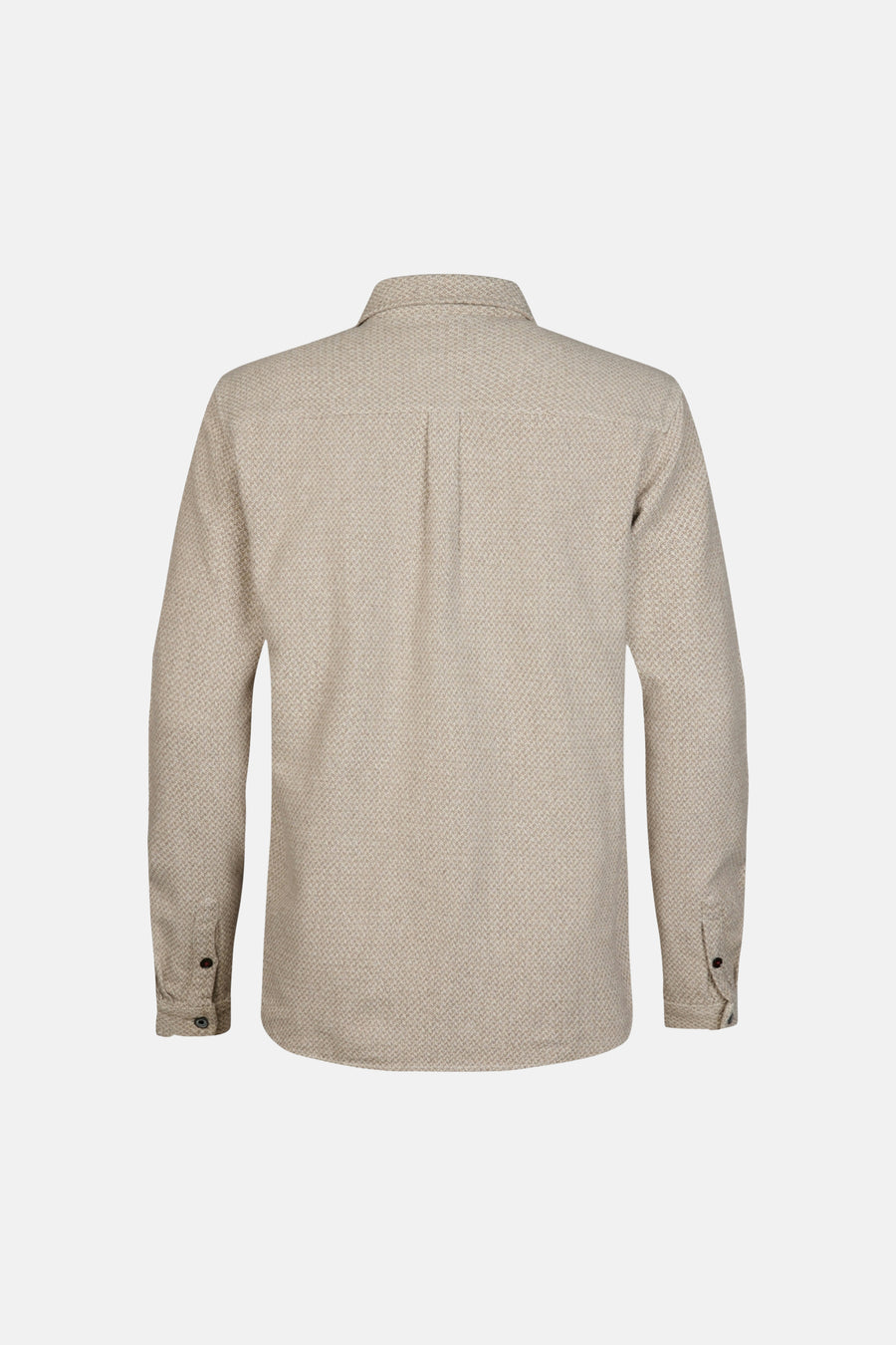 Beige long-sleeve shirt with subtle geometric pattern, back view showing central seam and buttoned cuffs