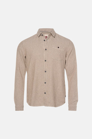 Beige long-sleeve shirt with herringbone pattern by Rvca, featuring front buttons and chest pocket, displayed front view