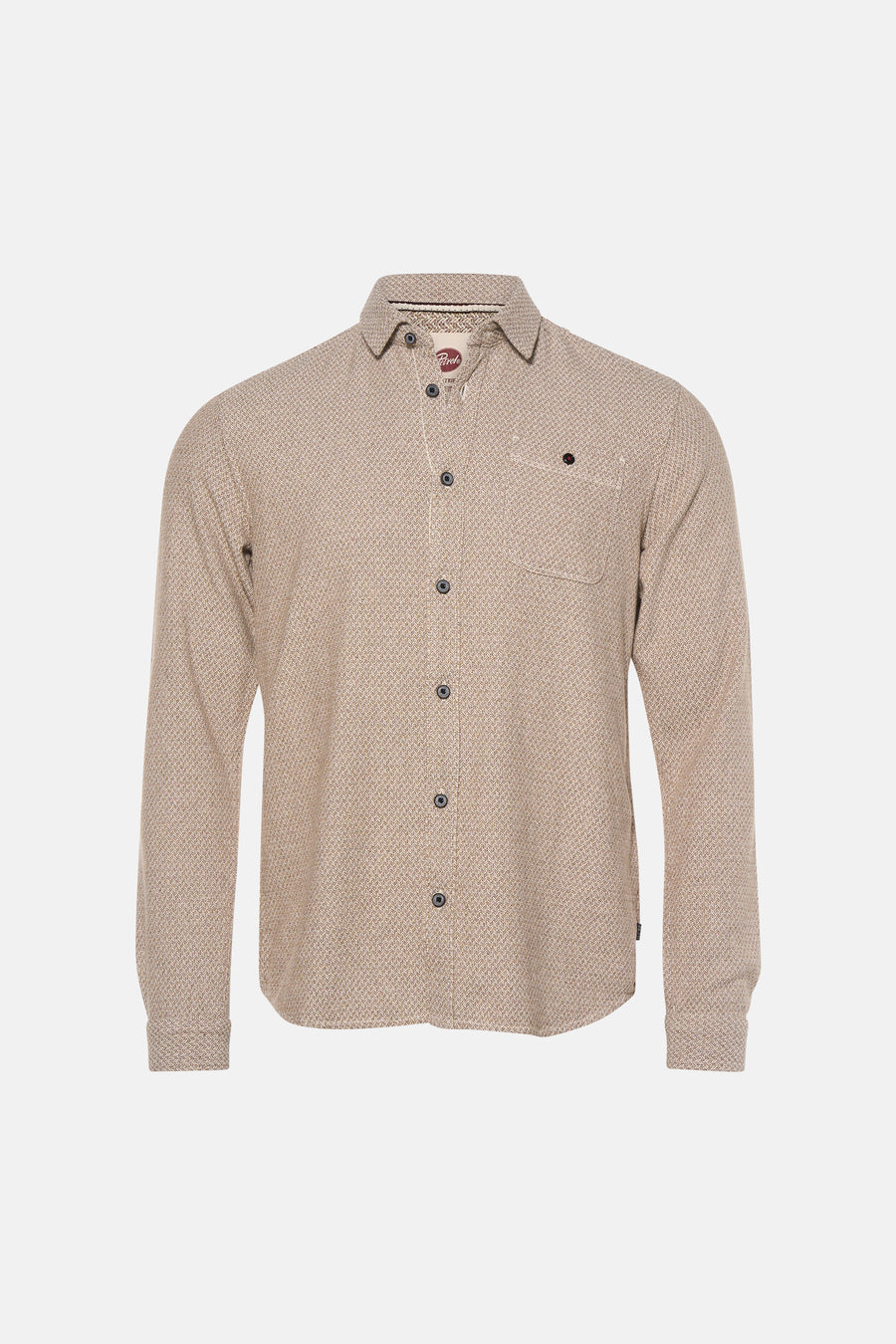 Beige long-sleeve shirt with herringbone pattern by Rvca, featuring front buttons and chest pocket, displayed front view