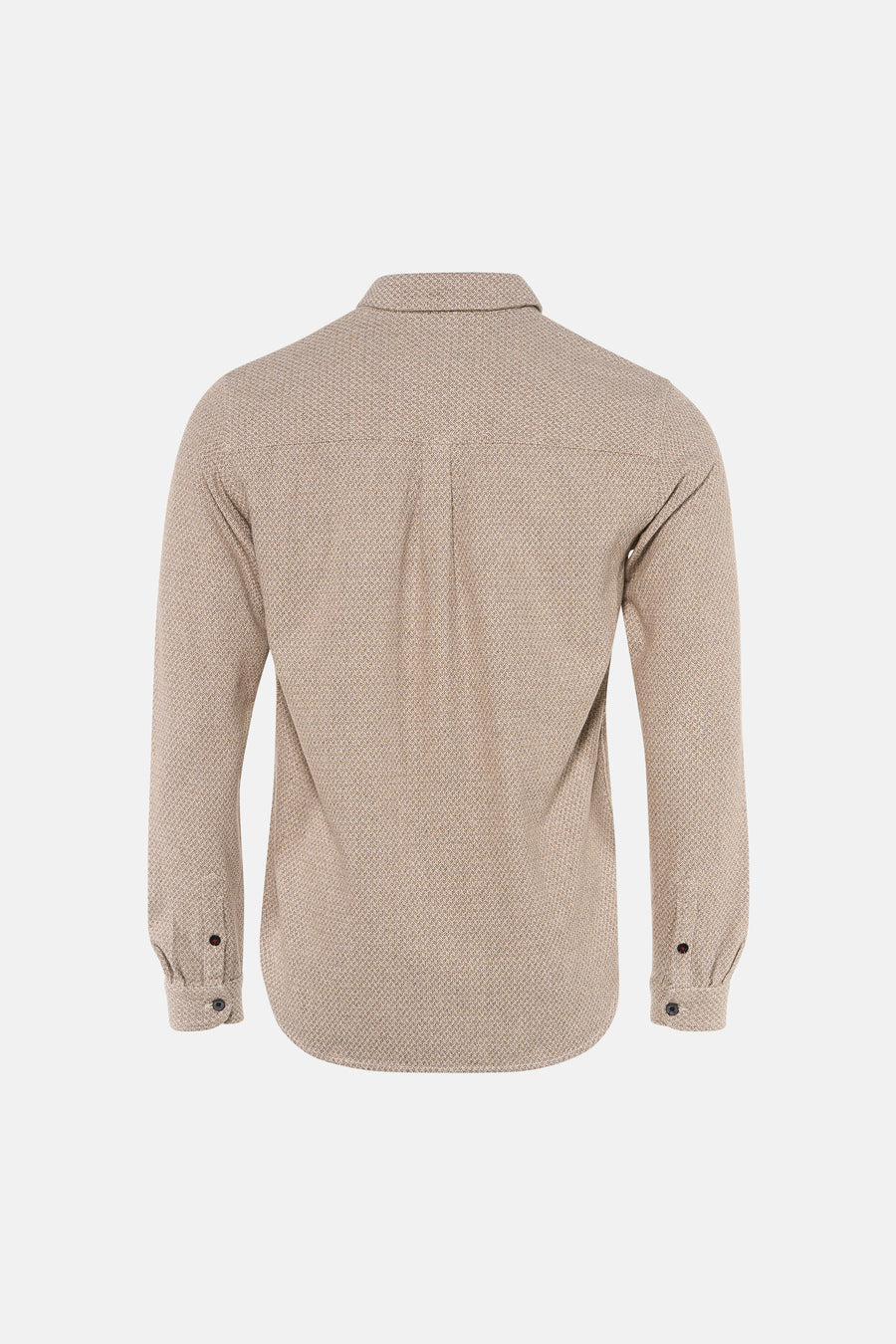 Beige long-sleeve shirt with herringbone texture, back view, buttoned cuffs, classic collar