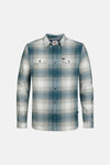 Blue and white plaid long-sleeve shirt by Rapha, featuring two chest pockets with button flaps, front button closure, and classic collar, shown front view.
