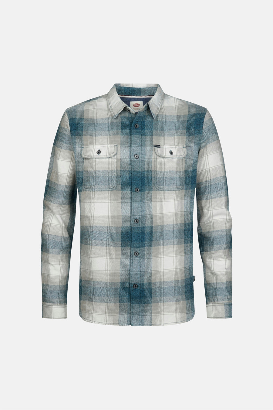 Blue and white plaid long-sleeve shirt by Rapha, featuring two chest pockets with button flaps, front button closure, and classic collar, shown front view.