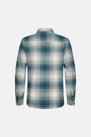 Blue and white plaid long-sleeve shirt back view, featuring classic check pattern and buttoned cuffs.