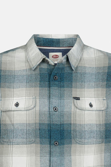 Blue and white plaid long-sleeve shirt by Petrol Industries, featuring two chest pockets with button flaps and a classic collar, front view.