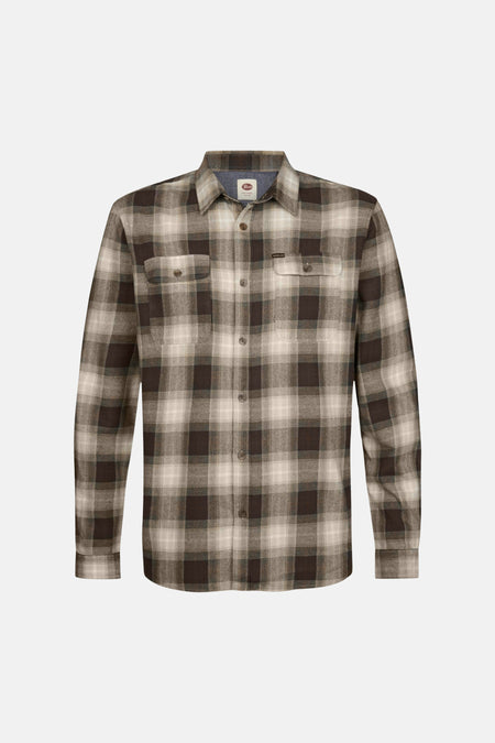 Brown plaid long-sleeve shirt by Filson, featuring front button closure and two chest pockets with flaps.