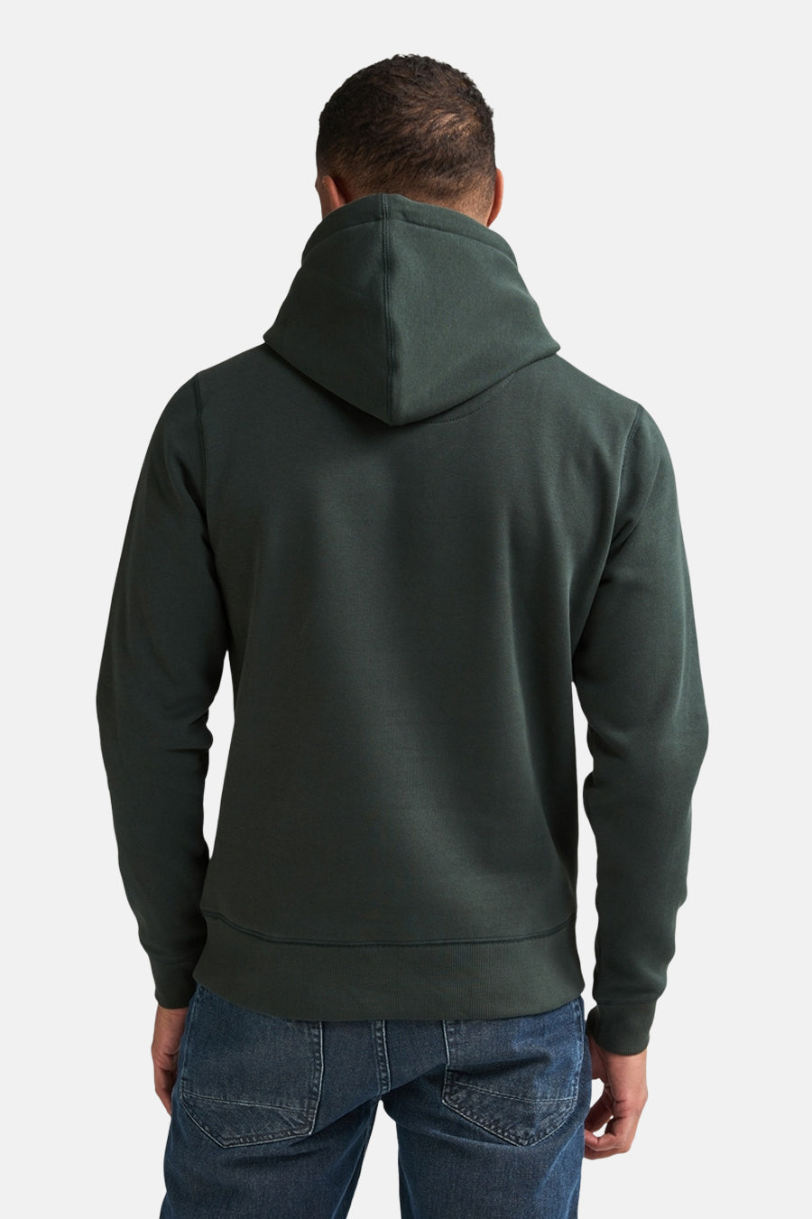 Dark green hooded sweatshirt back view, plain design with ribbed hem and cuffs, worn with blue jeans