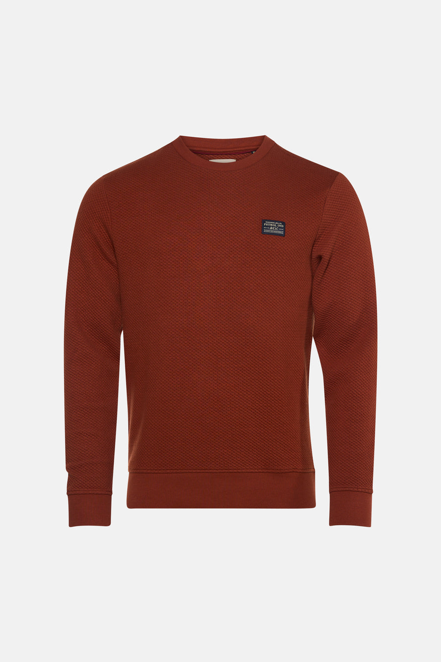 Rouge textured crewneck sweatshirt by Petrol Ind & Co, featuring ribbed cuffs and hem with small chest patch label, front view.