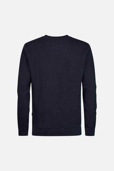 Navy blue textured crewneck sweatshirt back view with ribbed cuffs and hem, subtle diagonal weave pattern