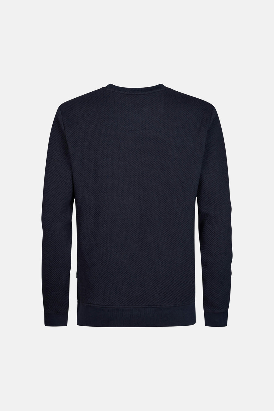 Navy blue textured crewneck sweatshirt back view with ribbed cuffs and hem, subtle diagonal weave pattern