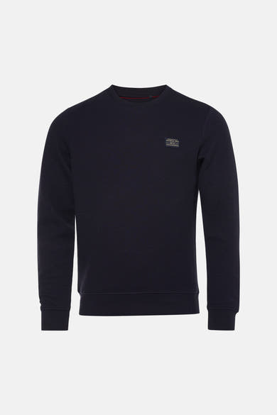 Navy blue textured crewneck sweatshirt by Petrol Ind, featuring ribbed cuffs and hem with small chest patch logo, front view.
