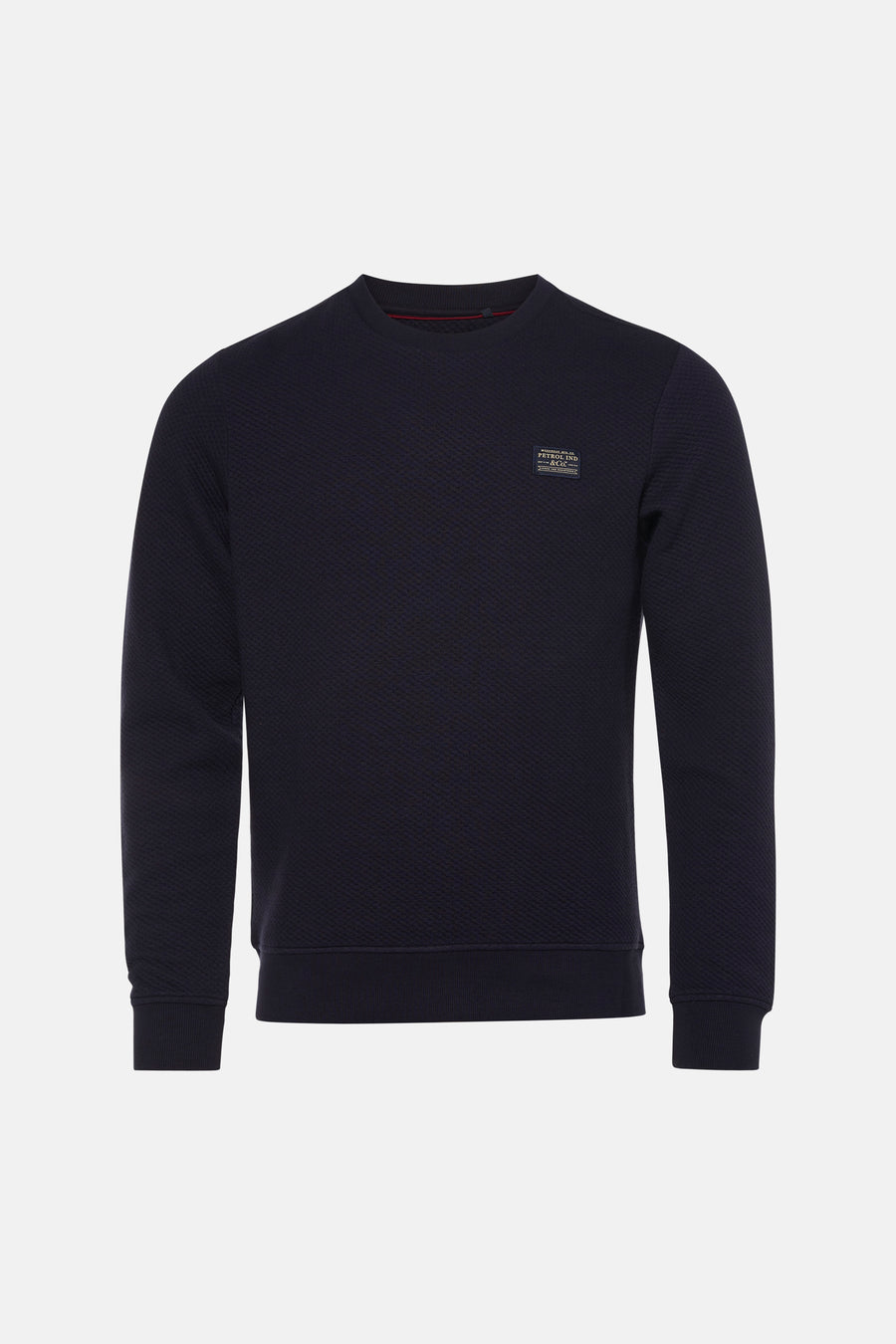 Navy blue textured crewneck sweatshirt by Petrol Ind, featuring ribbed cuffs and hem with small chest patch logo, front view.