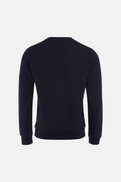 Navy blue crewneck sweatshirt with textured ribbed fabric, back view, ribbed cuffs and hem
