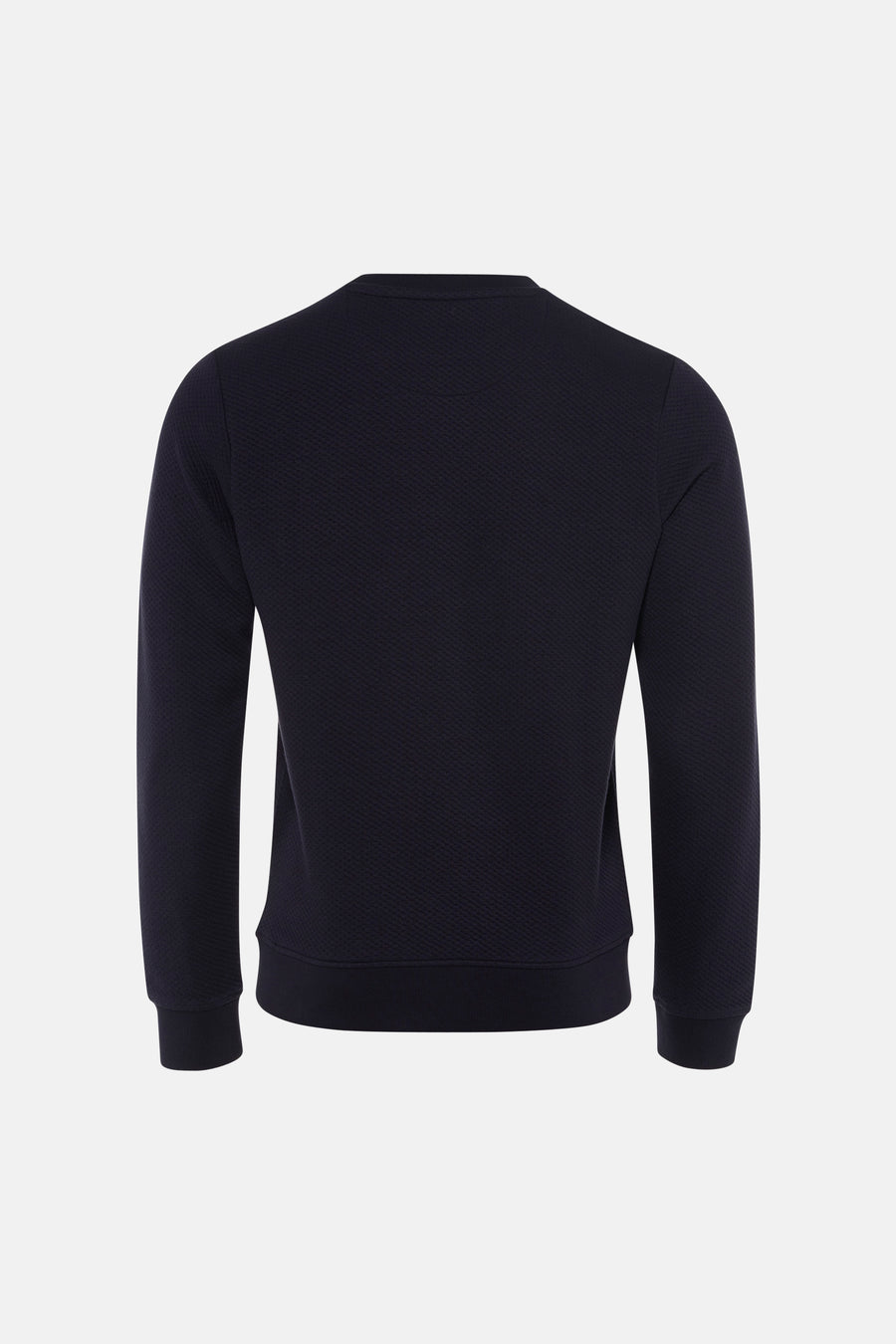 Navy blue crewneck sweatshirt with textured ribbed fabric, back view, ribbed cuffs and hem