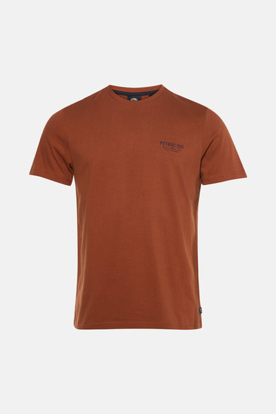 Orange short-sleeve t-shirt by Petrol Ind with small chest logo and ribbed crew neck, front view