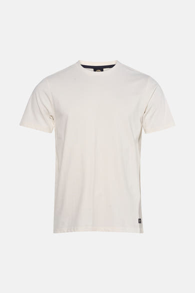 Ecru short-sleeve t-shirt with round neckline and small chest logo, front view