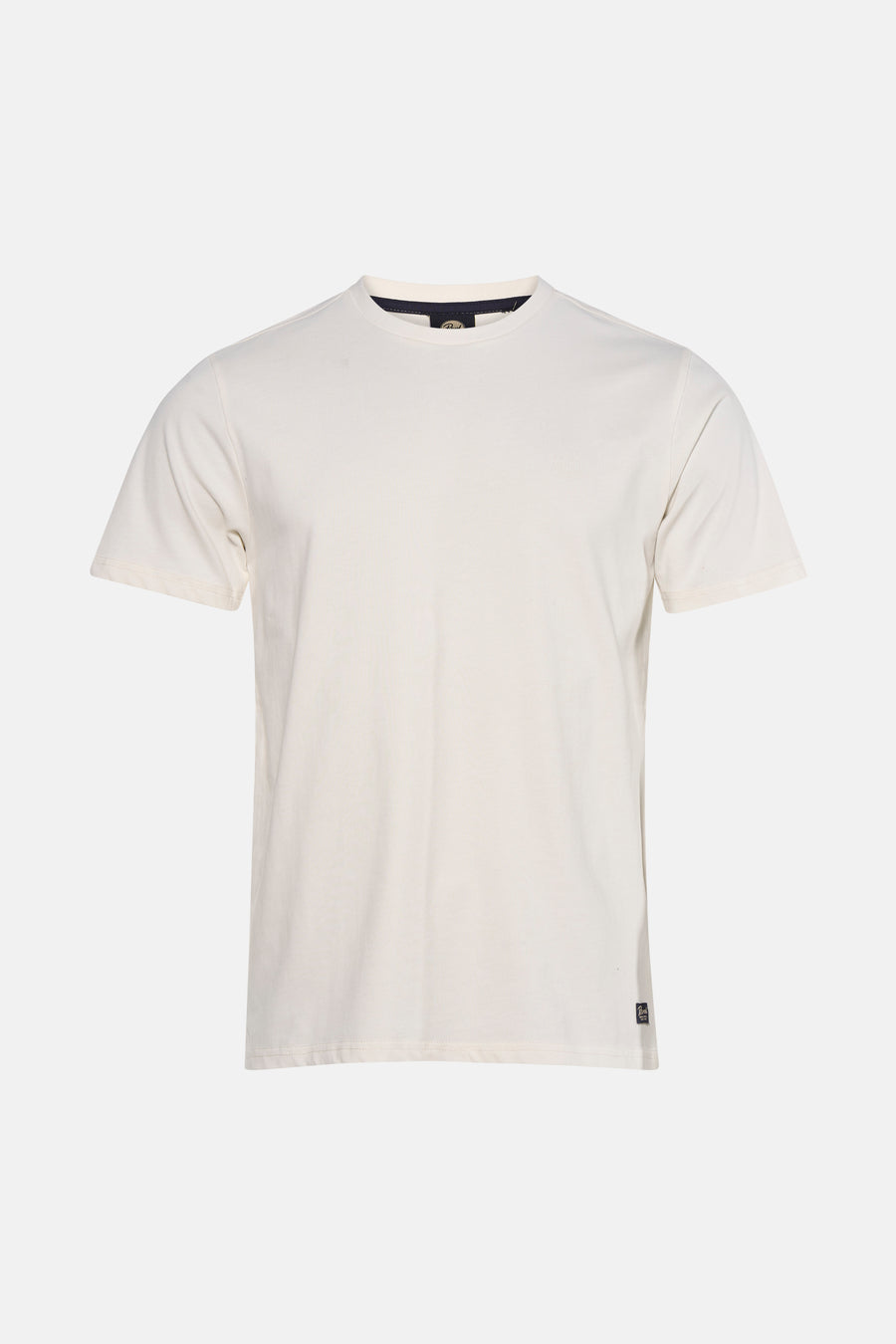 Ecru short-sleeve t-shirt with round neckline and small chest logo, front view