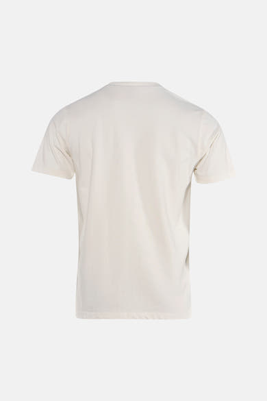 Ecru short-sleeve t-shirt back view, plain cotton fabric, clean minimalist design, simple crew neck, no visible graphics or logos