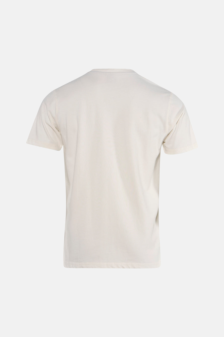 Ecru short-sleeve t-shirt back view, plain cotton fabric, clean minimalist design, simple crew neck, no visible graphics or logos