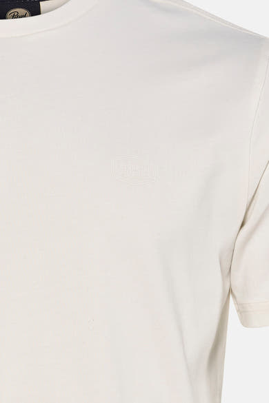 Ecru short-sleeve t-shirt by Petrolind with subtle embossed logo on chest, close-up front view