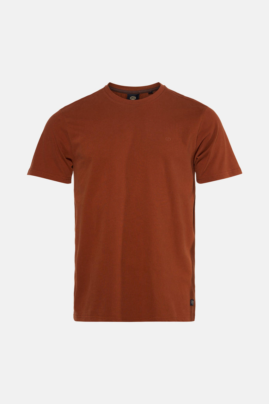 Orange short-sleeve t-shirt by Fred Perry, ribbed texture, round neck, small logo on chest, front view